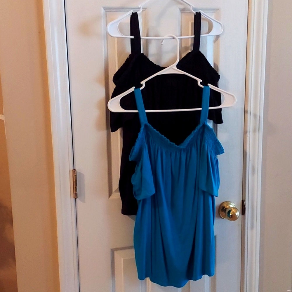 City Streets Cold Shoulder Peasant Top Bundle - Cotton LG Black & Teal EUC/NWOT